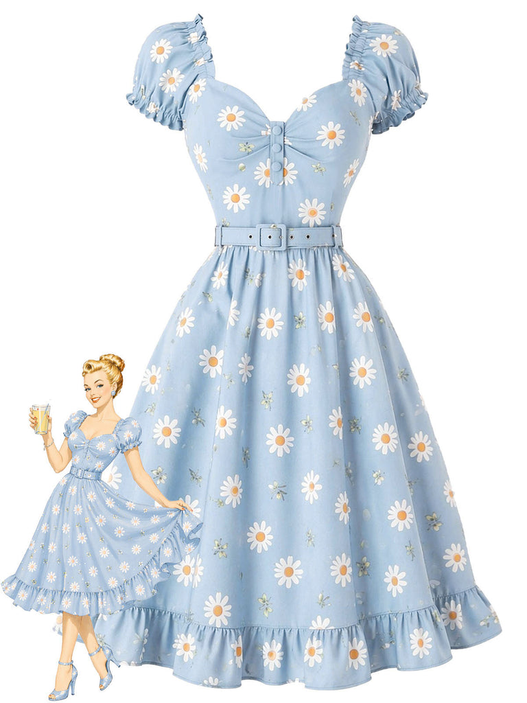 [Pre-Sale] Light Blue 1950s Daisy Floral Sweetheart Neck Dress, vintage dress, retro fashion, rockabilly, pin-up fashion - perfect for women who love vintage and retro fashion