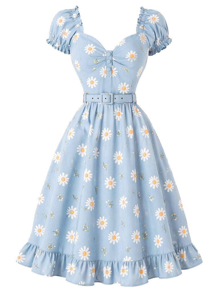 [Pre-Sale] Light Blue 1950s Daisy Floral Sweetheart Neck Dress, vintage dress, retro fashion, rockabilly, pin-up fashion - perfect for women who love vintage and retro fashion