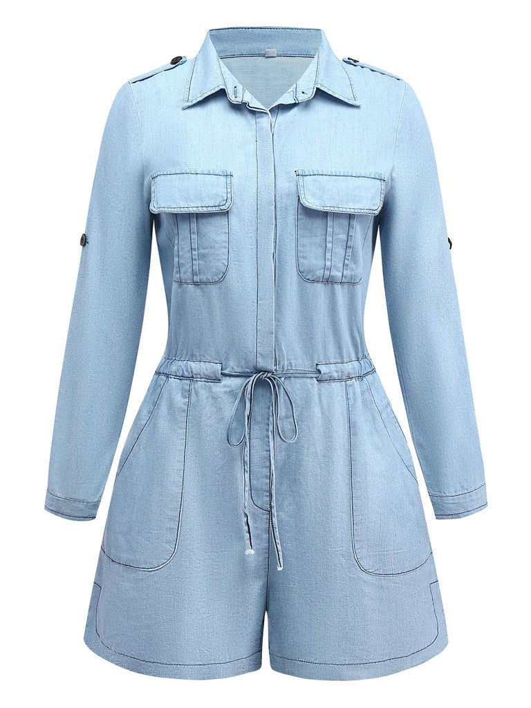 Light Blue 1950s Denim Button Lapel Romper - vintage jumpsuit, retro fashion
