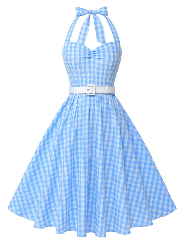 [Pre-Sale] Light Blue 1950s Plaid Halter Swing Dress, vintage dress, retro fashion, rockabilly, pin-up fashion - perfect for women who love vintage and retro fashion