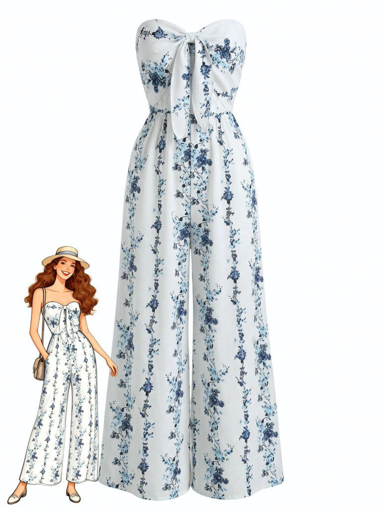 Light Blue 1950s Print One Piece Jumpsuit