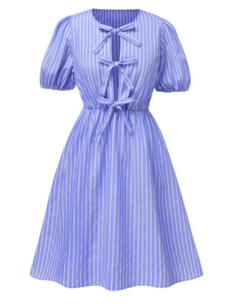She slips into this Light Blue 1950s Striped Bow Lace-Up Dress and suddenly it's a 1950s daydream
