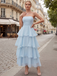 Light Blue 1970s Strapless Layered Ruffles Dress - vintage dress, retro fashion, elegant red