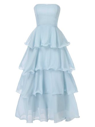 She slips into this Light Blue 1970s Strapless Layered Ruffles Dress and suddenly it's a 1970s daydream