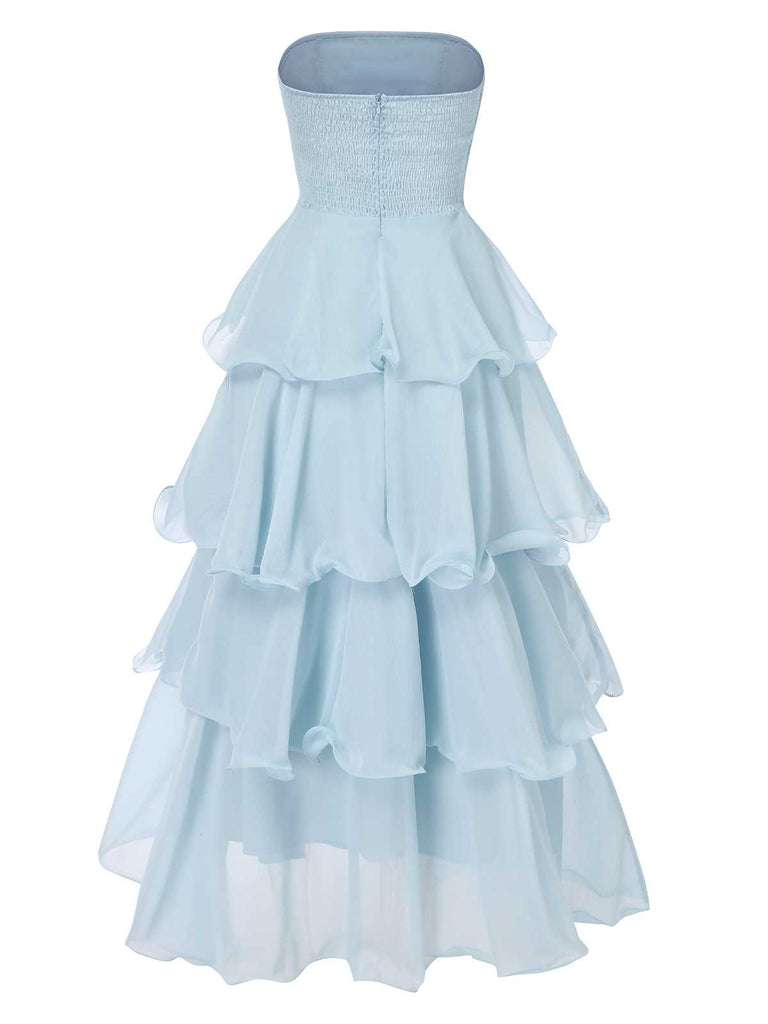 Light Blue 1970s Strapless Layered Ruffles Dress: where 1970s romance meets her modern spirit