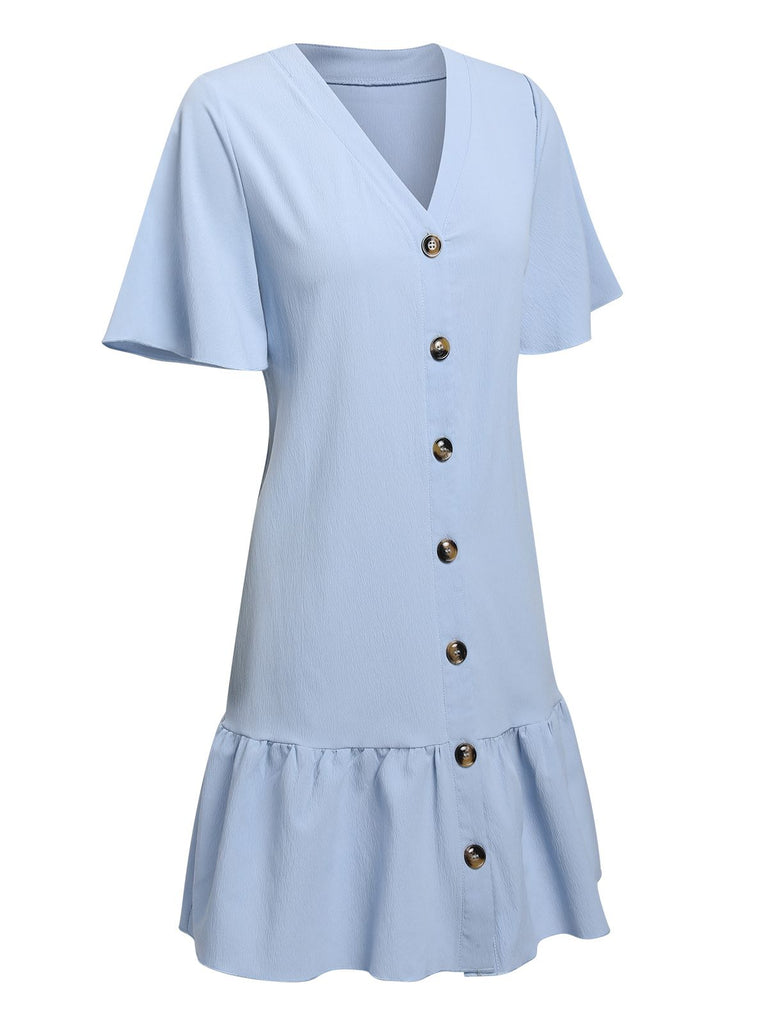 This Light Blue 1970s V-Neck Ruffle Hem Dress wraps her in 1970s elegance, one twirl at a time