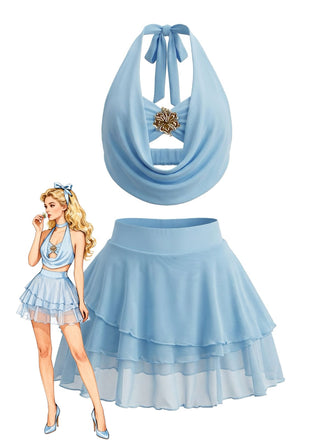 Light Blue 1980s Halter Backless Layered Skirt 2PCS, vintage skirt, retro style - perfect for women who love vintage and retro fashion