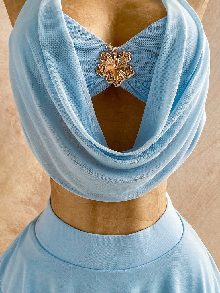 Light Blue 1980s Halter Backless Layered Skirt 2PCS, vintage skirt, retro style - perfect for women who love vintage and retro fashion