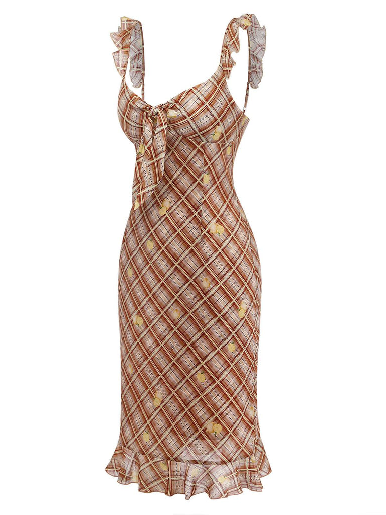 Light Brown 1960s Ruffle Plaid Lemon Pencil Dress | vintage dress, retro fashion, elegant style - perfect for retro fashion enthusiasts