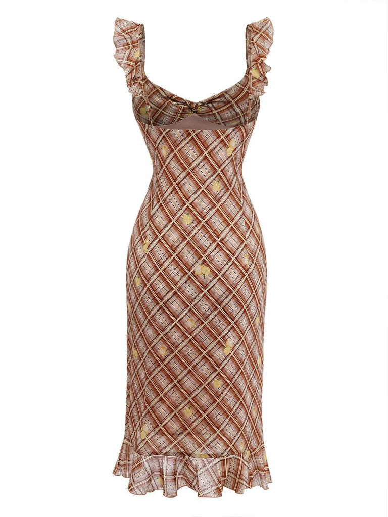 Light Brown 1960s Ruffle Plaid Lemon Pencil Dress - vintage dress, retro fashion, elegant style for vintage lovers