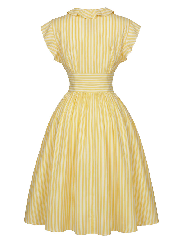 [Pre-Sale] Light Yellow 1950s Stripe Ruffle Collar Tie Waist Dress