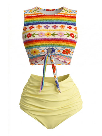[Pre-Sale] Light Yellow 1960s Rainbow Floral Faux Knit Bikini Set