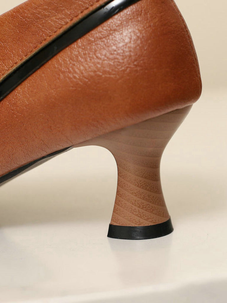 Retro Bow PU Round-Toe Chunky Heel Shoes