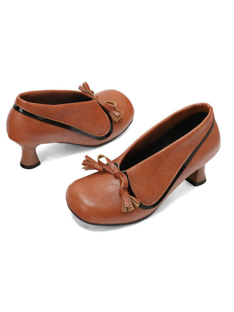 Retro Bow PU Round-Toe Chunky Heel Shoes
