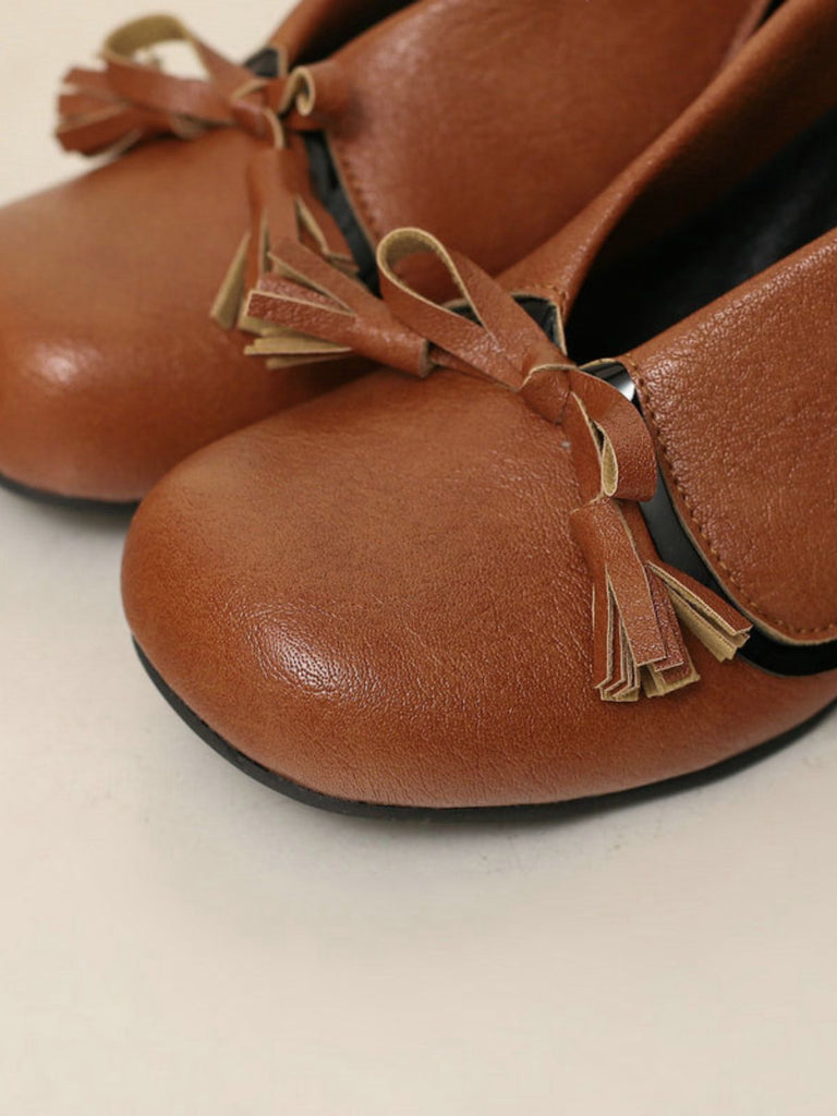 Retro Bow PU Round-Toe Chunky Heel Shoes