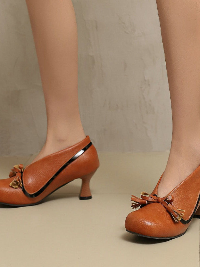 Retro Bow PU Round-Toe Chunky Heel Shoes