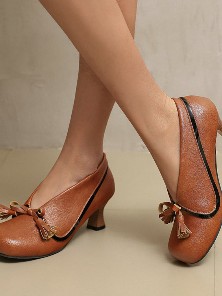 Retro Bow PU Round-Toe Chunky Heel Shoes