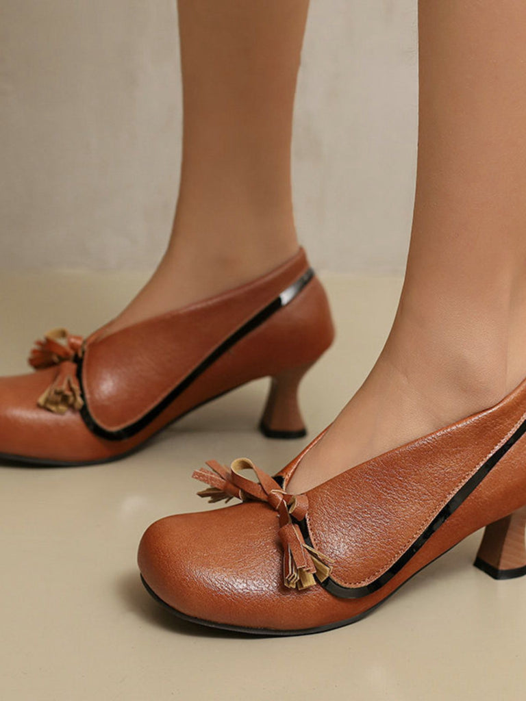 Retro Bow PU Round-Toe Chunky Heel Shoes