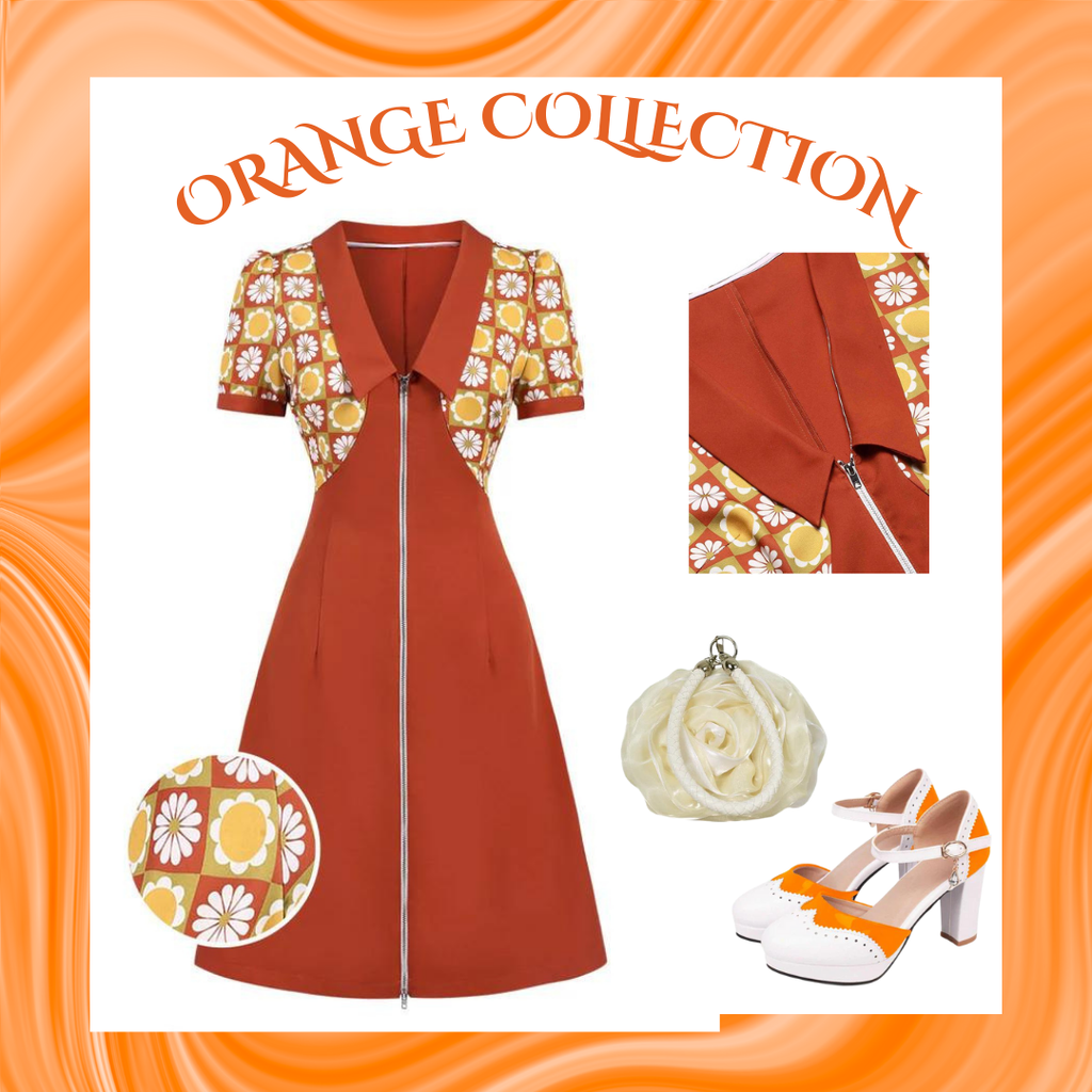 Orange 1960s Daisy Patchwork Lapel Dress