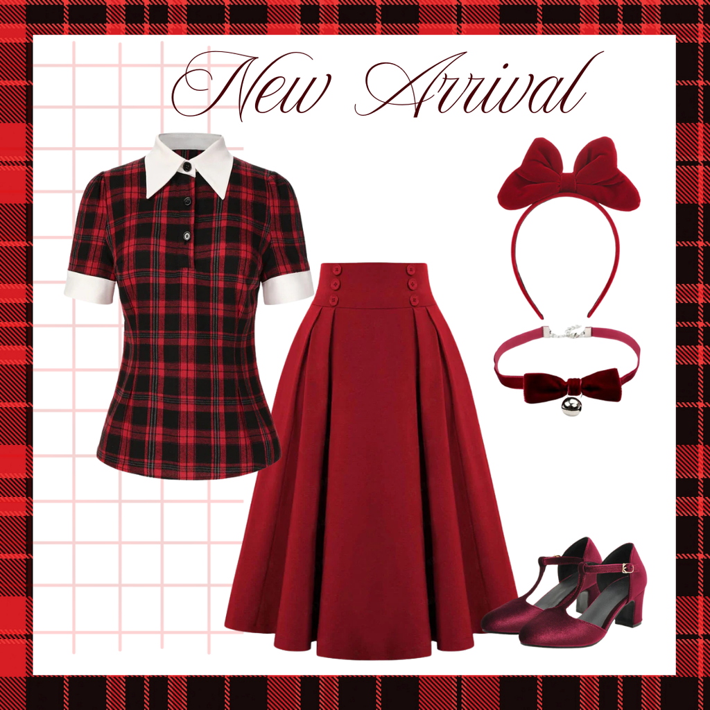 Red 1930s Shirt Collar Gingham Plaid Top