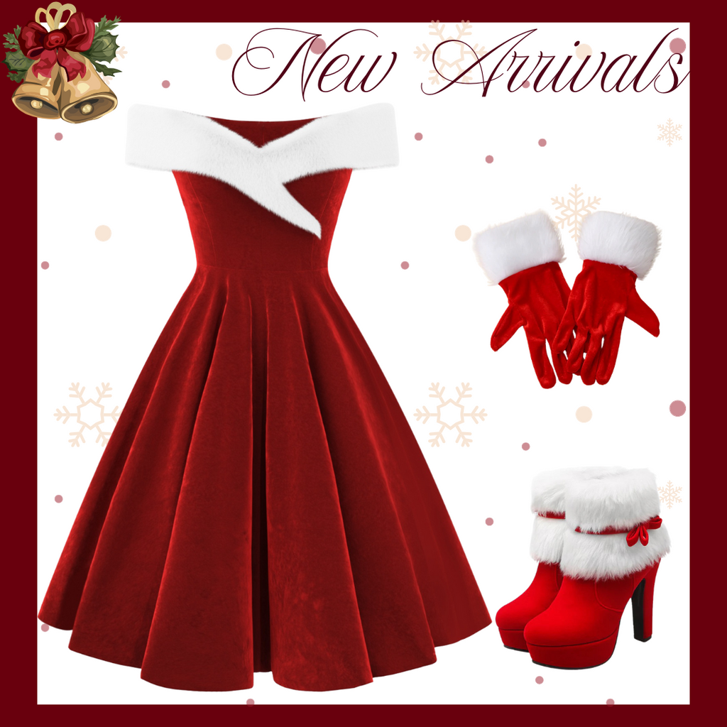 [Pre-Sale] Red 1950s Christmas Off-Shoulder Velvet Dress