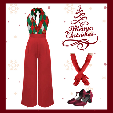 Red 1930s Christmas Plaid Lace Patchwork Jumpsuit