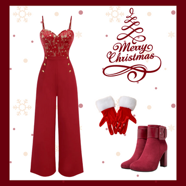 Red 1930s Christmas Elk Gilded Velvet Jumpsuit