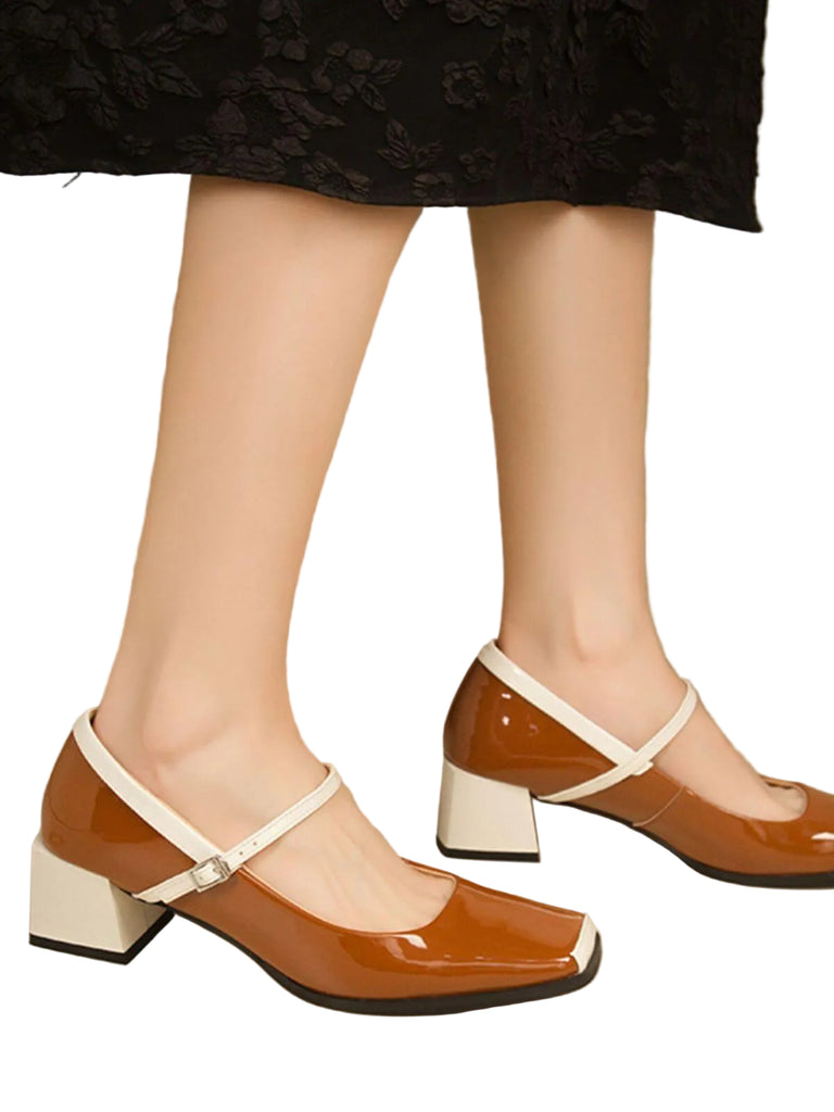 She finds her vintage story in this Mary Jane Patent Leather Chunky Heel Shoes