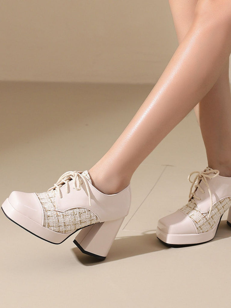 Mary Jane Plaid Square Toe Block Heel Shoes - vintage shoes, retro heels