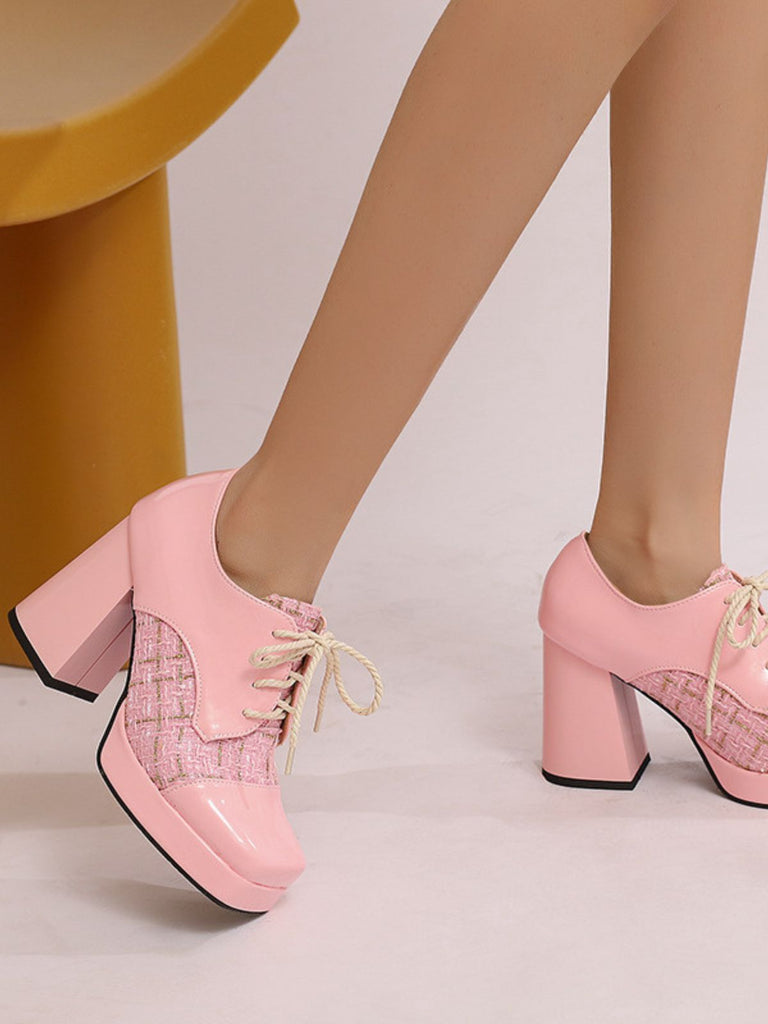 Mary Jane Plaid Square Toe Block Heel Shoes - vintage shoes, retro heels