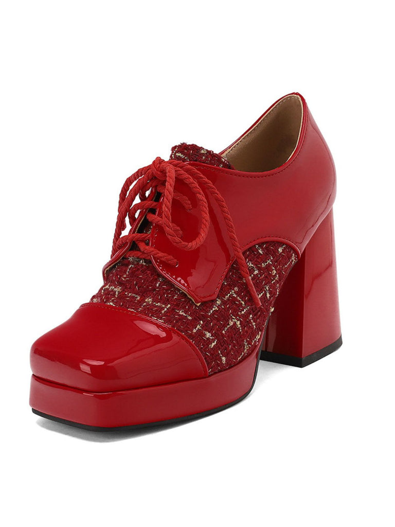 Mary Jane Plaid Square Toe Block Heel Shoes - vintage shoes, retro heels