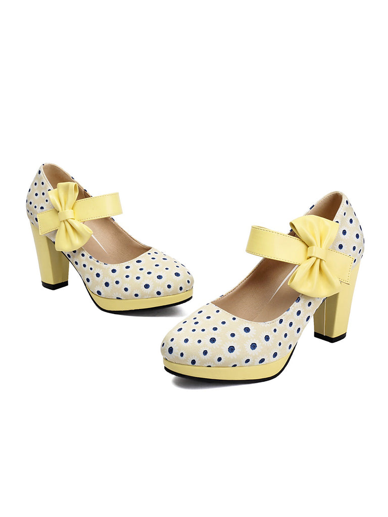 She finds her vintage story in this Mary Jane Polka Dots Bowknot Chunky Heels