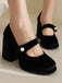 Mary Jane Velvet Pearl Button Chunky Heel Shoes - vintage shoes, retro heels