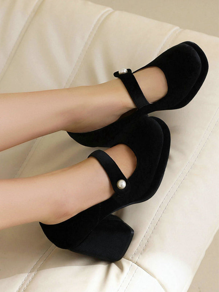 Mary Jane Velvet Pearl Button Chunky Heel Shoes - vintage shoes, retro heels