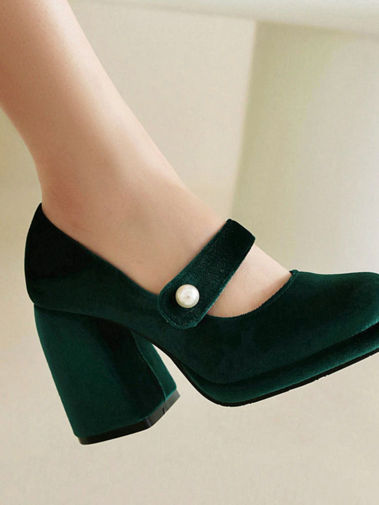 Mary Jane Velvet Pearl Button Chunky Heel Shoes - vintage shoes, retro heels