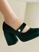 Mary Jane Velvet Pearl Button Chunky Heel Shoes - vintage shoes, retro heels