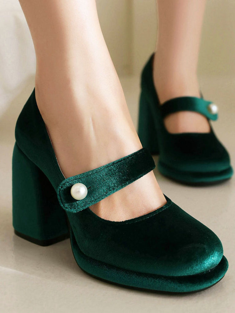 Mary Jane Velvet Pearl Button Chunky Heel Shoes - vintage shoes, retro heels
