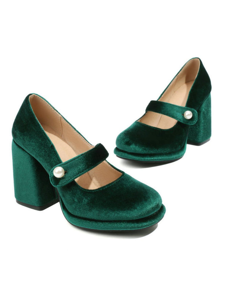 Mary Jane Velvet Pearl Button Chunky Heel Shoes - vintage shoes, retro heels