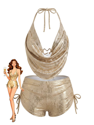 Metallic Gold 1970s Halter Cowl Neck Foil Bikini Set, vintage swimsuit, pin-up swimwear - perfect for women who love vintage and retro fashion