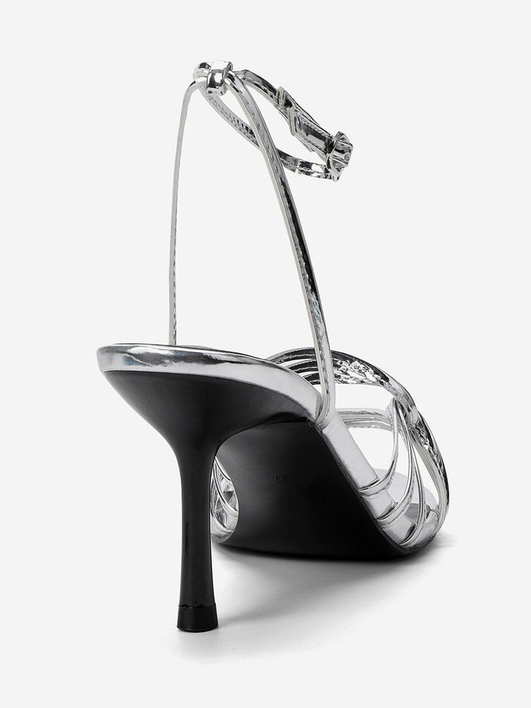 Metallic Silver Strappy Stiletto Sandals | vintage fashion, retro style, classic elegance - perfect for retro fashion enthusiasts