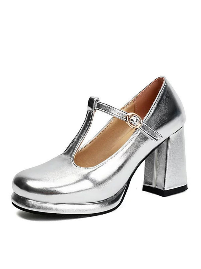 Metallic Square Toe Block Buckle Heels - vintage shoes, retro heels