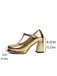 Metallic Square Toe Block Buckle Heels - vintage shoes, retro heels