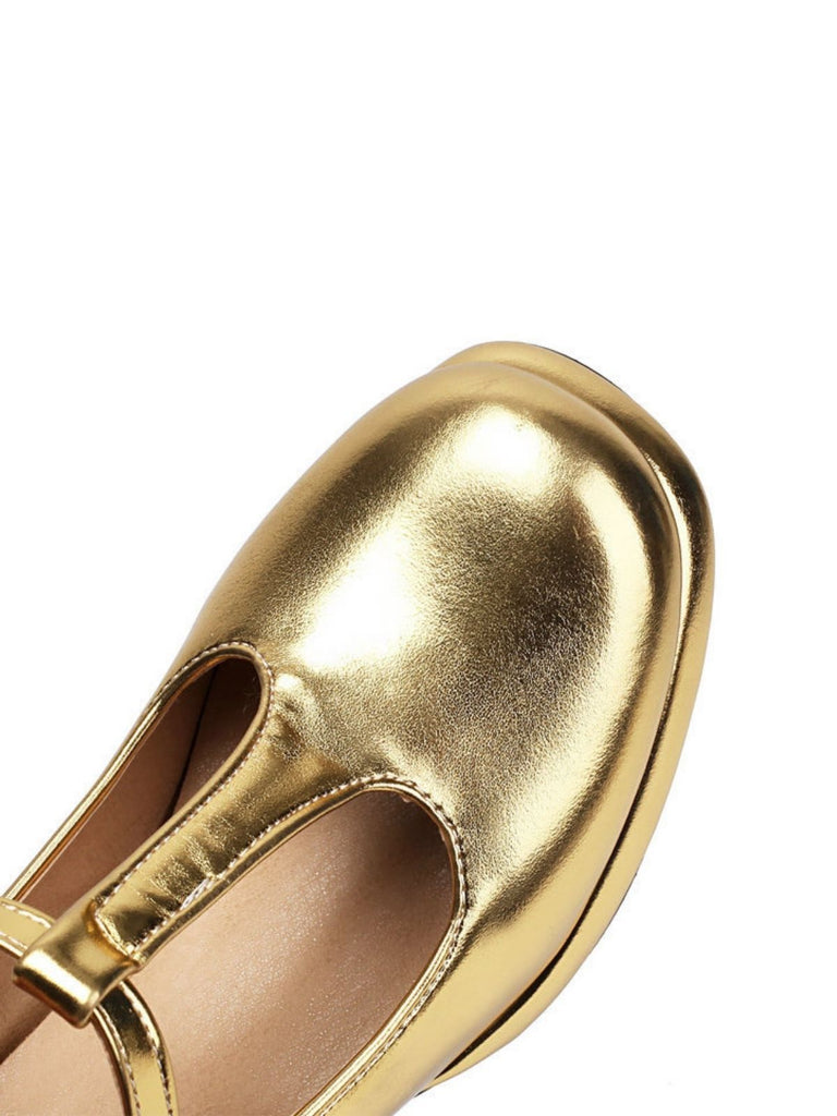Metallic Square Toe Block Buckle Heels - vintage shoes, retro heels