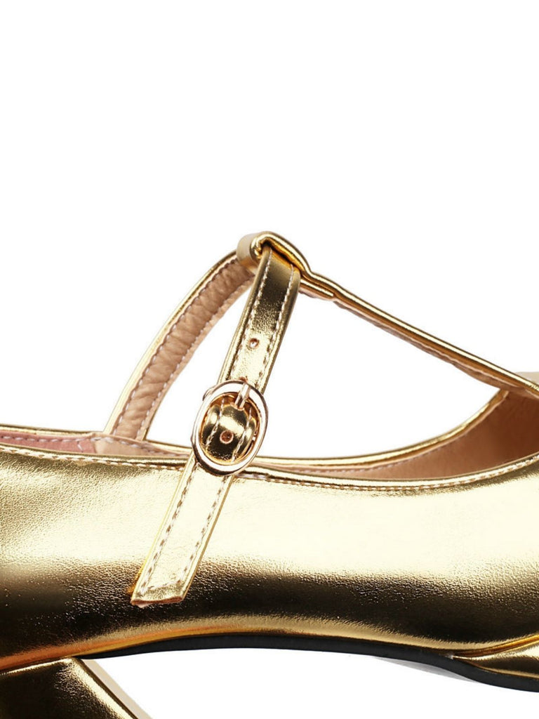 Metallic Square Toe Block Buckle Heels - vintage shoes, retro heels