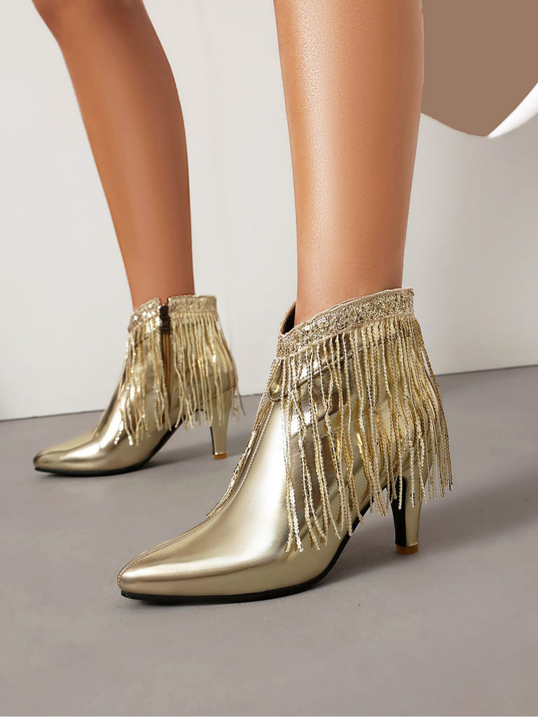 Metallic Tassel Pointed Toe Stiletto Chelsea Boots, vintage fashion, retro style - perfect for women who love vintage and retro fashion