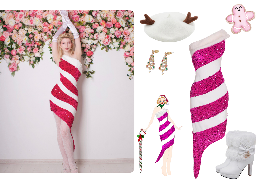 Pink 1960s Candy Cane One-Shoulder Dress