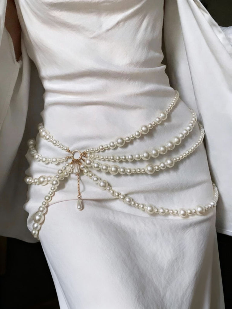 Multi-Layer Pearl Teardrop Pendant Waist Chain - vintage fashion, retro style