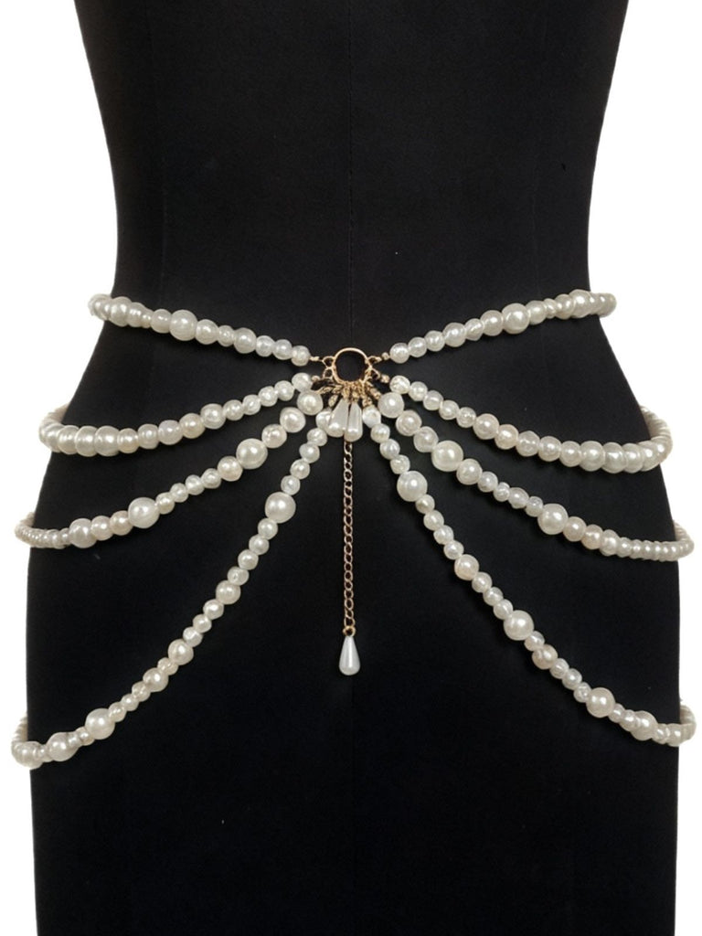 Multi-Layer Pearl Teardrop Pendant Waist Chain - vintage fashion, retro style