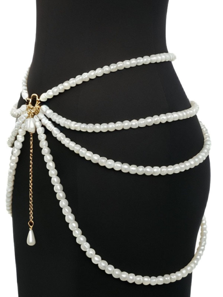 Multi-Layer Pearl Teardrop Pendant Waist Chain - vintage fashion, retro style