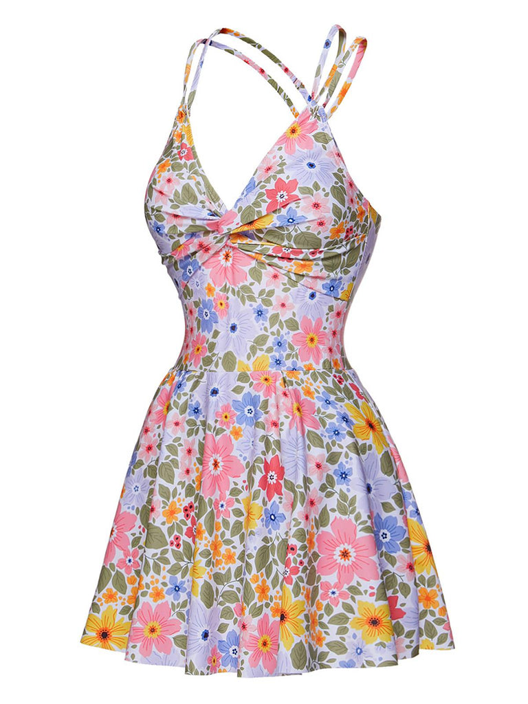 Multicolor 1940s Floral Back Cross Straps Swimsuit: 1940s Riviera elegance, reimagined for her